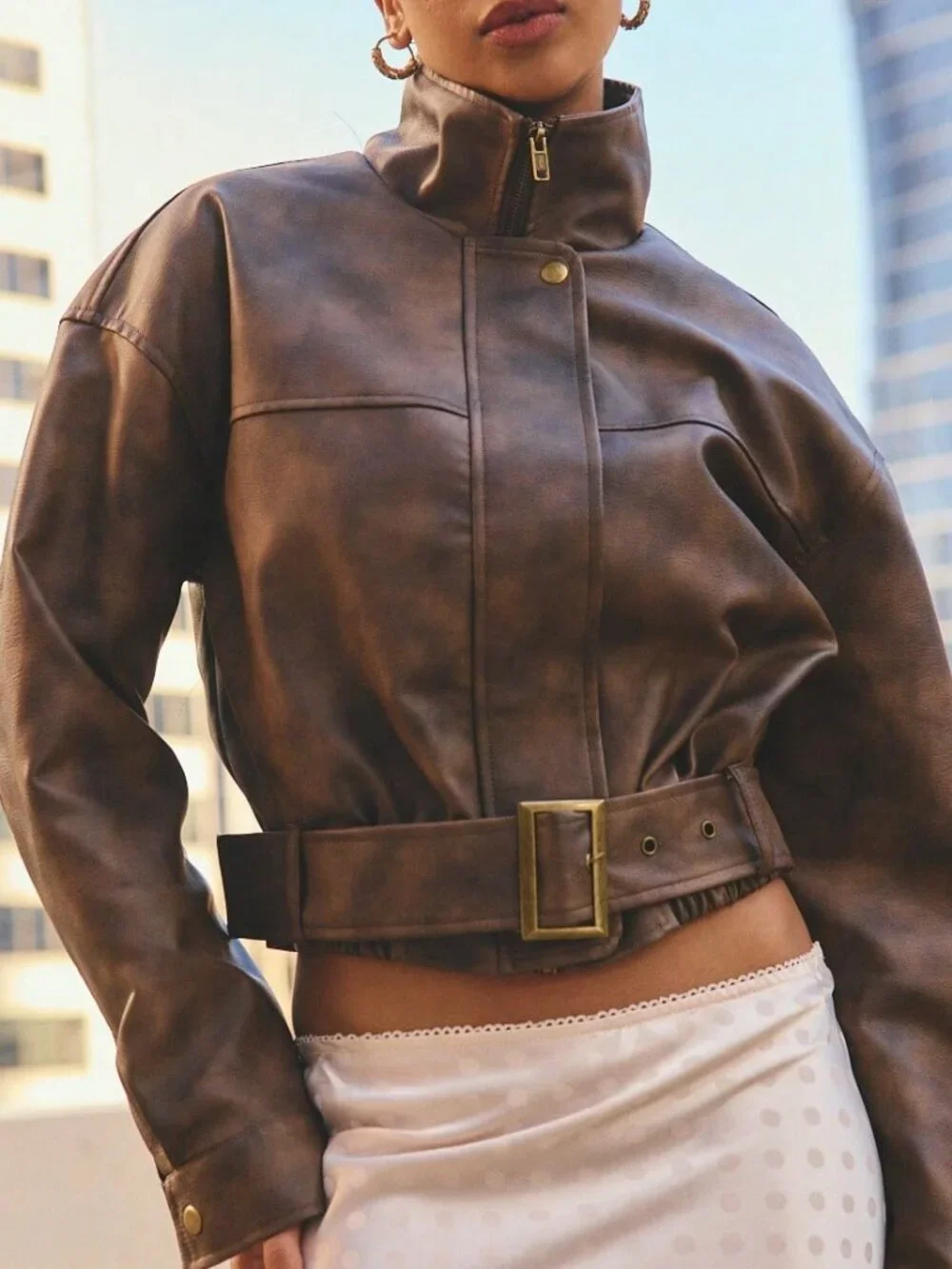 Rust Brown Casual Women's Funnel Neck Faux Leather Jacket With Buckle Belt